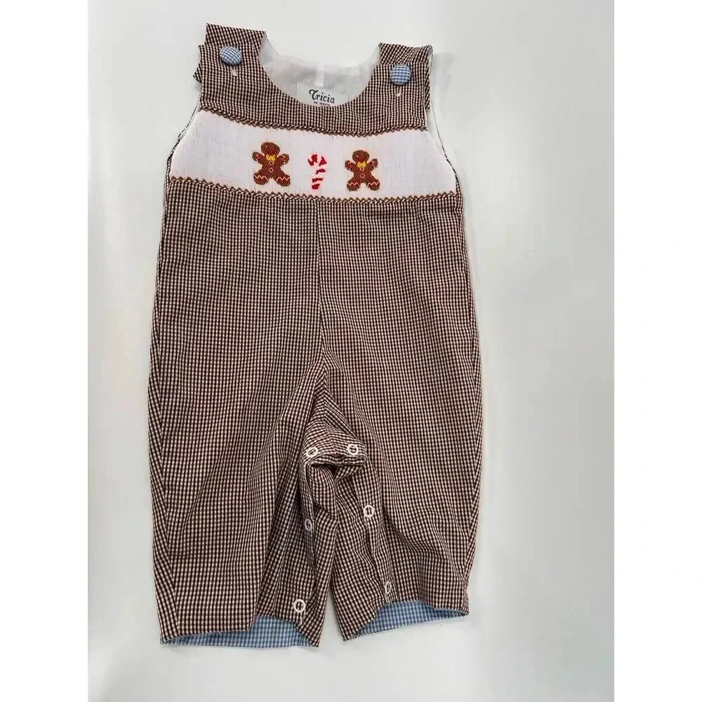 Tricia Holiday Smocked Gingerbread Men Candy Cane Overalls Brown Gingham 3 Month